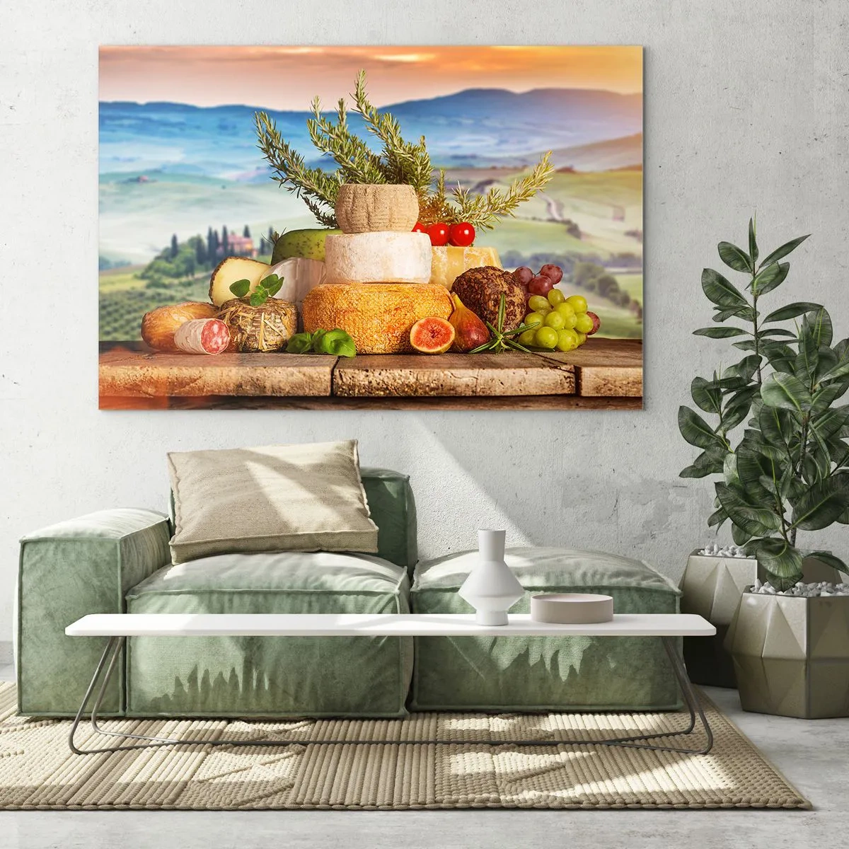 Obraz na skle - Složení sýrů a ovoce na pozadí toskánské krajiny - 70x50cm - Italská radost ze života - Moderní nástěnná dekorace do obývacího pokoje a ložnice ARTTOR