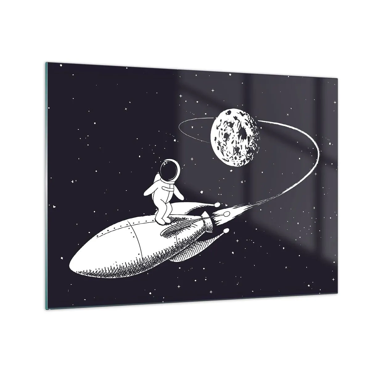 Obraz na skle - Kreslený astronaut surfující ve vesmíru na raketě - 70x50cm - Vesmírný surfing - Moderní nástěnná dekorace do obývacího pokoje a ložnice ARTTOR