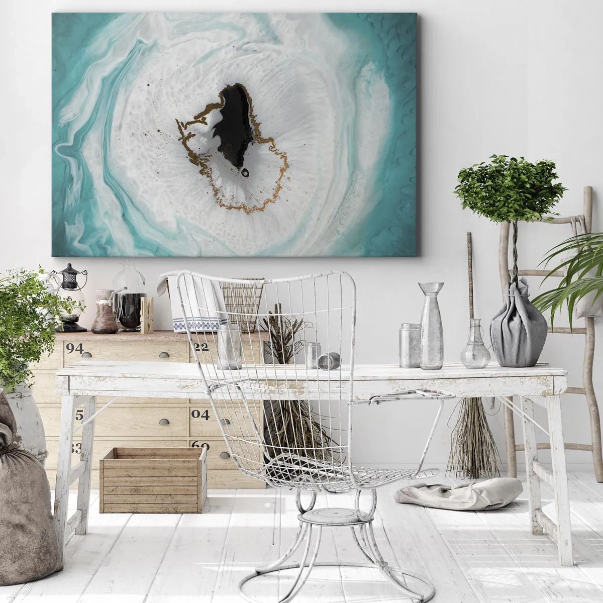 Obraz na plátně - Abstraktní geodový motiv v odstínech tyrkysové, bílé a zlaté - 70x50cm - Proniknout dovnitř - Moderní nástěnná dekorace do obývacího pokoje a ložnice ARTTOR