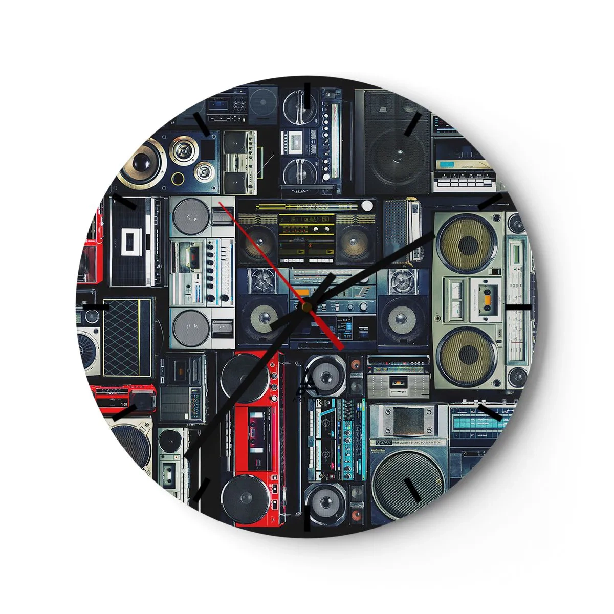 Nástěnné hodiny - Barevná rádia a magnetofony v retro stylu - 30x30cm - Stesk po 80. letech - Moderní nástěnná dekorace do obývacího pokoje, kuchyně a ložnice ARTTOR