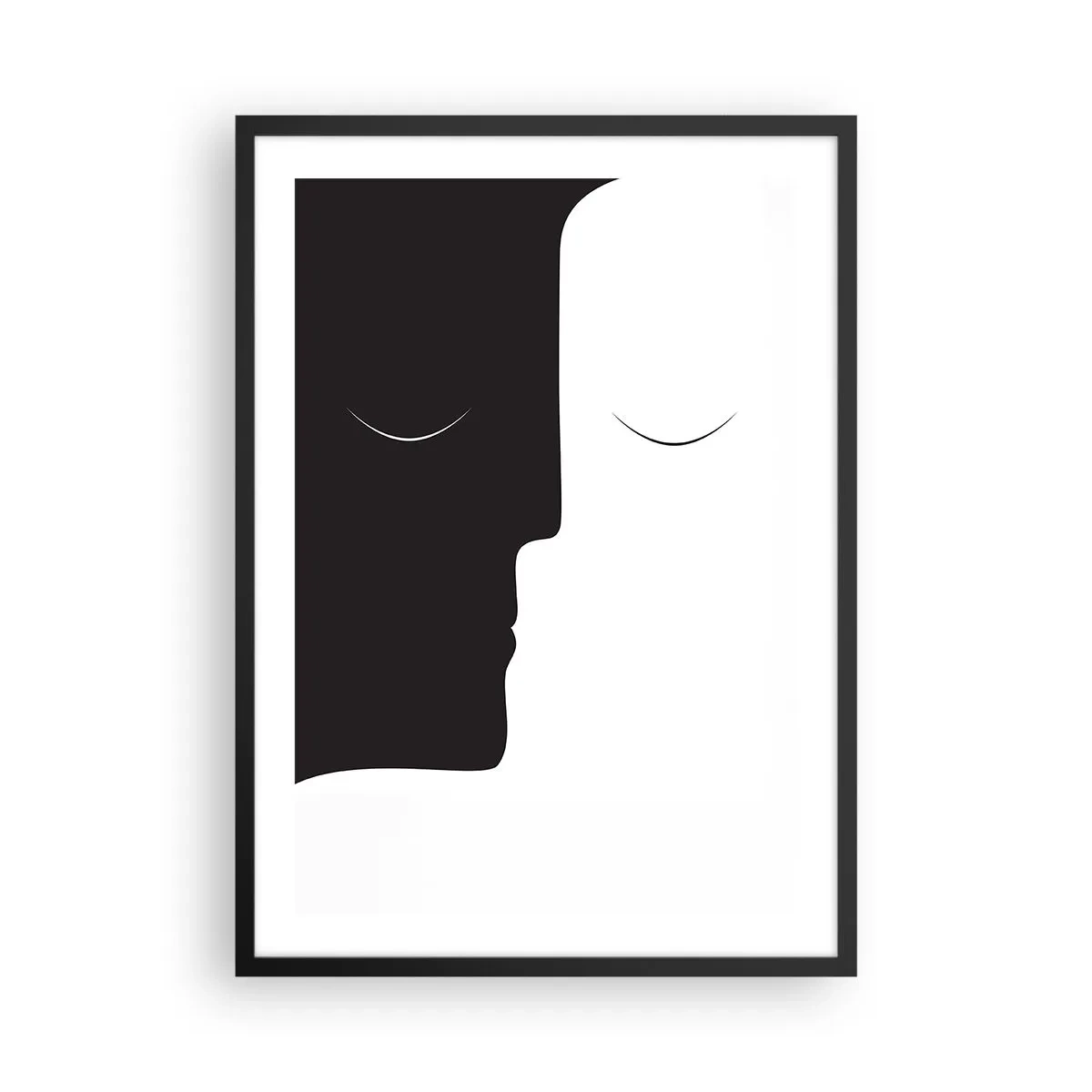 Plakát v černém rámu - Minimalistická grafika dvou tváří v černé a bílé barvě vytvářející jednotu. - 50x70cm - Jednota protikladů - Moderní nástěnná dekorace do obývacího pokoje a ložnice ARTTOR