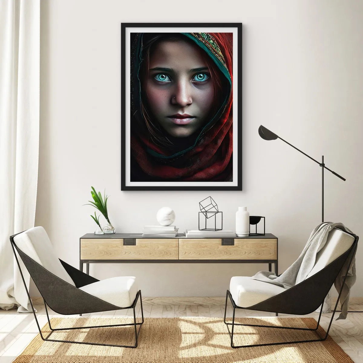 Plakát v černém rámu - Portrét dívky v červeném šálu s hypnotizujícíma očima - 50x70cm - Východní princezna - Moderní nástěnná dekorace do obývacího pokoje a ložnice ARTTOR