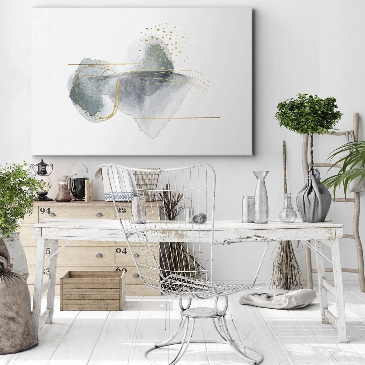 Obraz na plátně - Abstraktní kompozice v odstínech tyrkysové a zlaté. - 70x50cm - O vztahu mezi šedou a zlatou - Moderní nástěnná dekorace do obývacího pokoje a ložnice ARTTOR