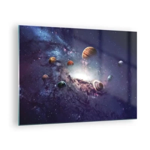 Obraz na skle - Fantastická vize planet rotujících ve vesmíru - 70x50cm - Slunce a tanec - Moderní nástěnná dekorace do obývacího pokoje a ložnice ARTTOR