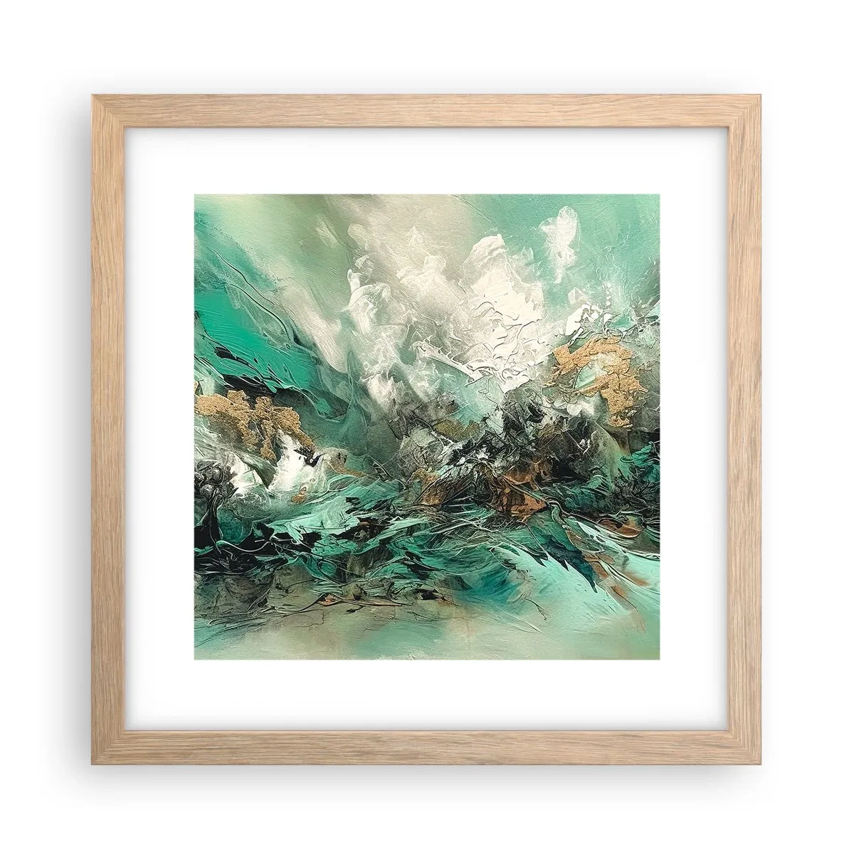 Plakát v rámu světlý dub - Smaragdově černé vlnobití - 30x30 cm