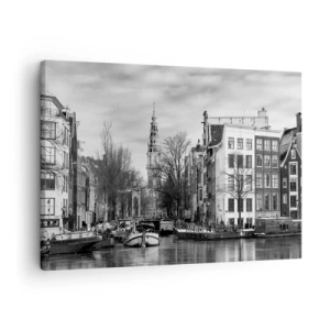 Obraz na plátně - Černobílé panorama Amsterdamu s kanálem a historickými budovami - 70x50cm - Amsterdamské vibrace - Moderní nástěnná dekorace do obývacího pokoje a ložnice ARTTOR