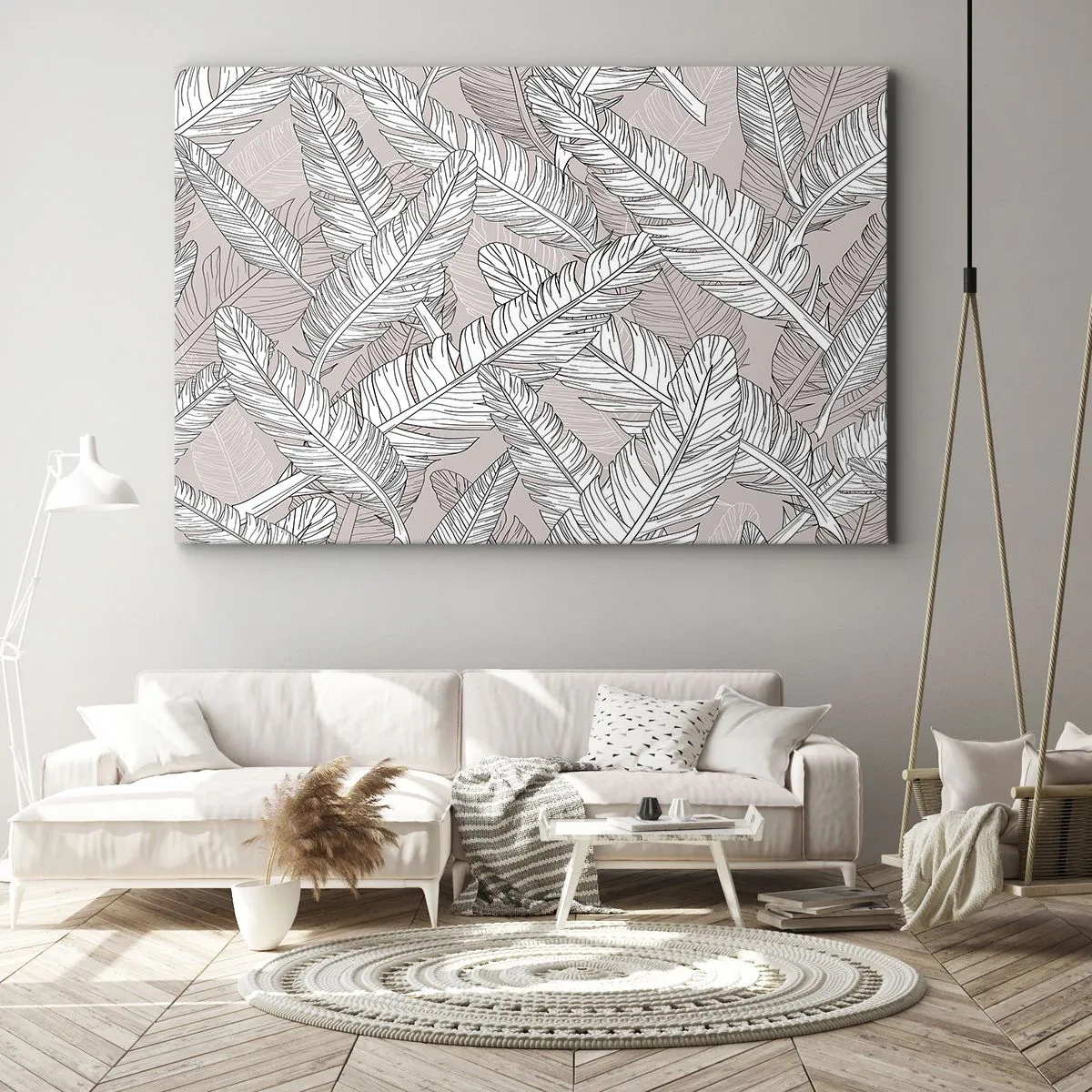Obraz na plátně - Černobílý vzor s banánovými listy na světlém pozadí - 70x50cm - Víření peří - Moderní nástěnná dekorace do obývacího pokoje a ložnice ARTTOR