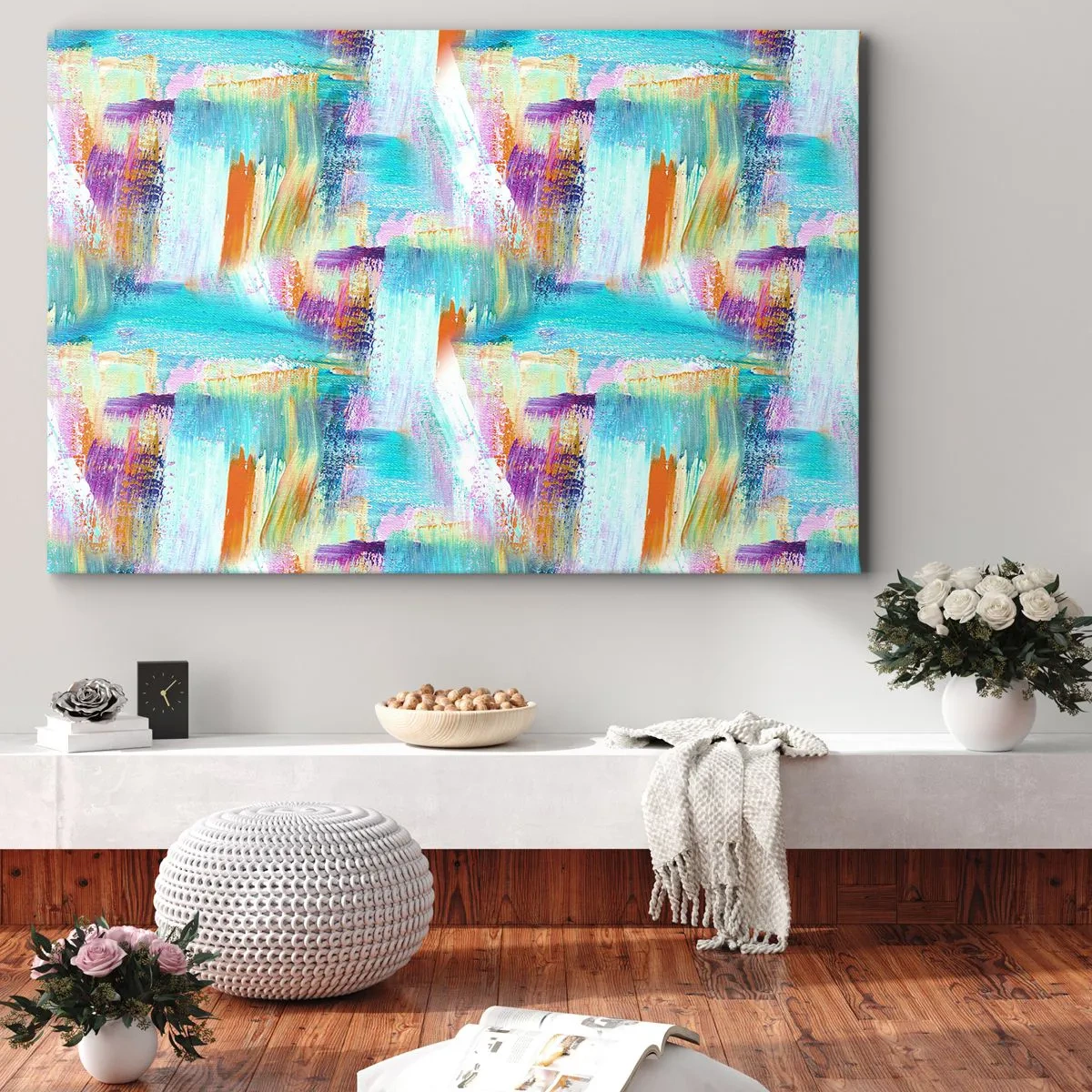 Obraz na plátně - Barevná abstrakce s dynamickými tahy štětcem - 70x50cm - Pohodové střídavé cákance - Moderní nástěnná dekorace do obývacího pokoje a ložnice ARTTOR