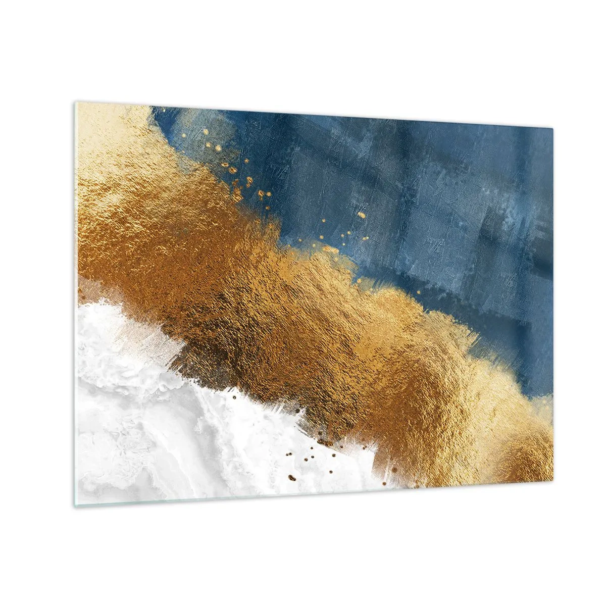 Obraz na skle - Zlaté tahy barvy na tmavě modrém a bílém pozadí - 70x50cm - Barvy léta - Moderní nástěnná dekorace do obývacího pokoje a ložnice ARTTOR
