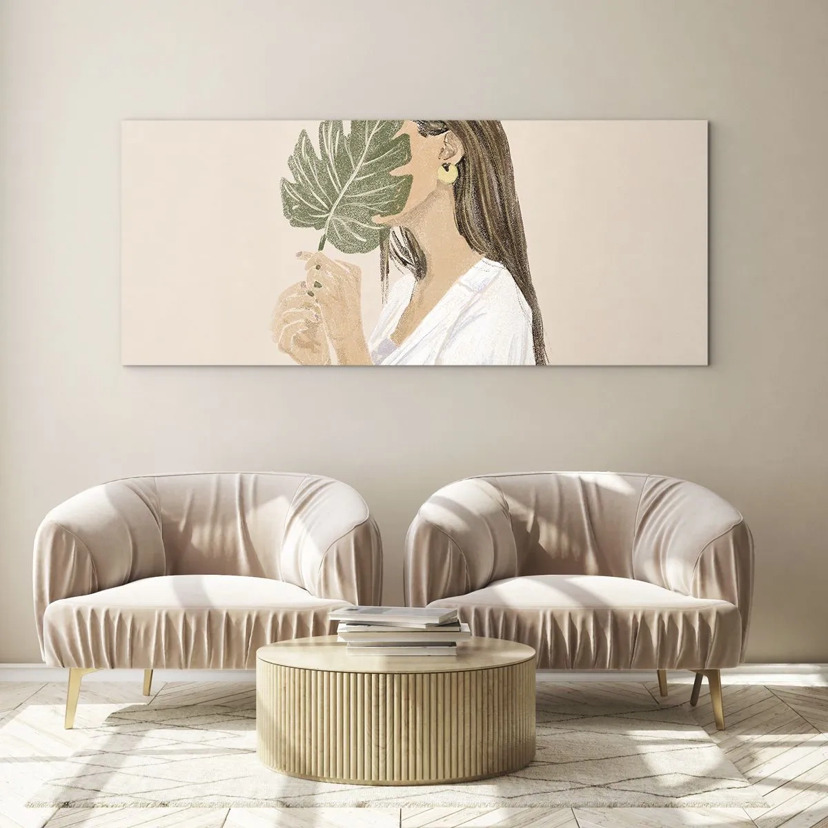 Obraz na skle - Tajemný portrét s vějířem - 100x40 cm