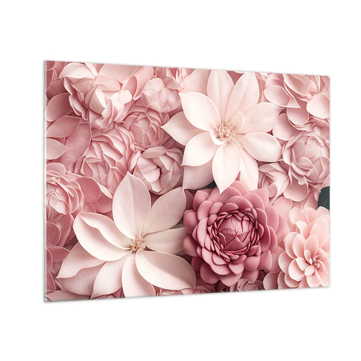 Obraz na skle - Jemné růžové květy v kompozici plné okvětních lístků - 70x50cm - V růžových okvětních lístcích - Moderní nástěnná dekorace do obývacího pokoje a ložnice ARTTOR