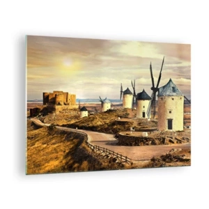 Obraz na skle - Větrné mlýny a hrad v krajině při západu slunce - 70x50cm - Brzy se objeví Don Quijote - Moderní nástěnná dekorace do obývacího pokoje a ložnice ARTTOR