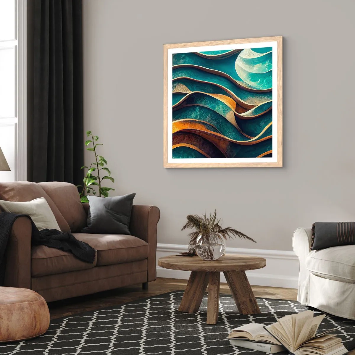 Plakát v rámu světlý dub - Meandry modré - 60x60 cm