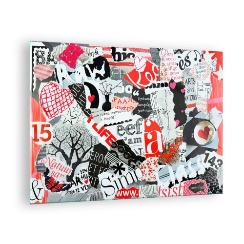Obraz na skle - Koláž písmen, srdíček a stromů v uměleckém stylu. - 70x50cm - Hipsterská koláž - Moderní nástěnná dekorace do obývacího pokoje a ložnice ARTTOR