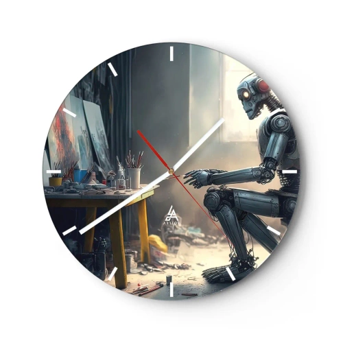 Nástěnné hodiny - Robot u malířského stolu v uměleckém ateliéru - 30x30cm - Akt stvoření - Moderní nástěnná dekorace do obývacího pokoje, kuchyně a ložnice ARTTOR