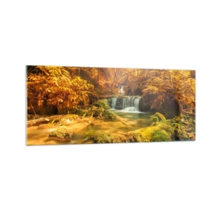 Obraz na skle - Lesní vodopád ve zlaté - 100x40 cm