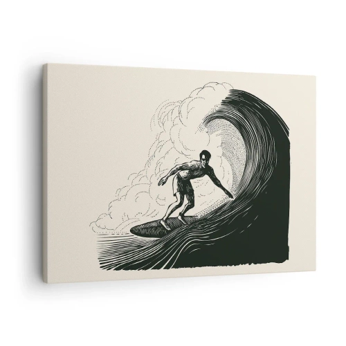 Obraz na plátně - Černobílá grafika surfaře na vlně - 70x50cm - Král vln - Moderní nástěnná dekorace do obývacího pokoje a ložnice ARTTOR