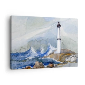 Obraz na plátně - Maják na skalnatém pobřeží s rozbouřeným mořem - 70x50cm - Proti tmě a hromobití - Moderní nástěnná dekorace do obývacího pokoje a ložnice ARTTOR