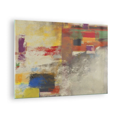 Obraz na skle - Barevná abstrakce s geometrickými tvary - 70x50cm - Geometrie barev - Moderní nástěnná dekorace do obývacího pokoje a ložnice ARTTOR