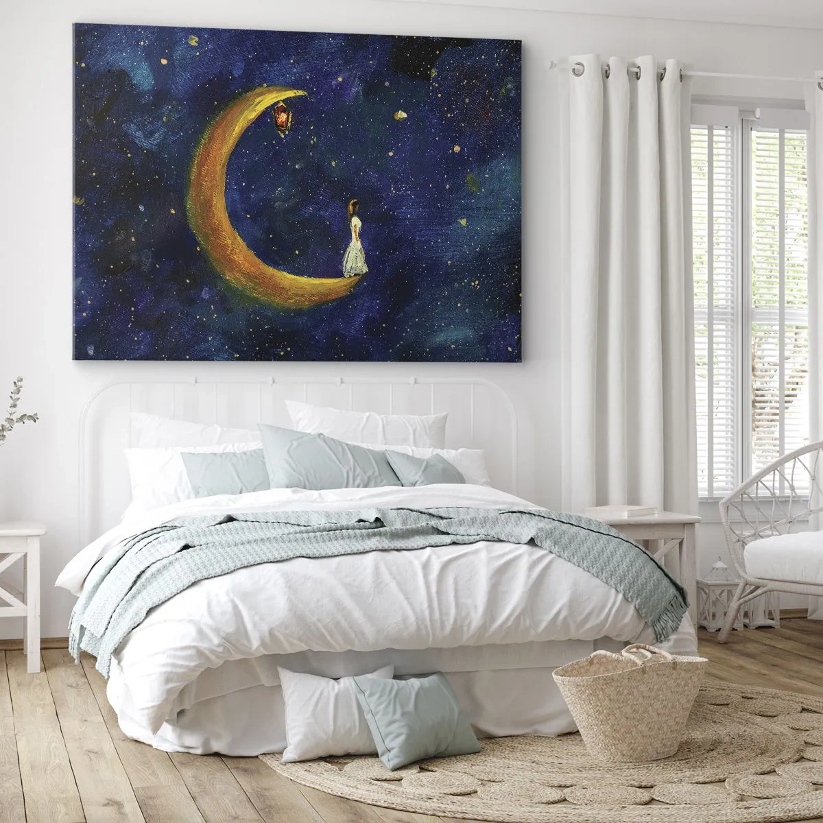 Obraz na plátně - Dívka stojící na měsíci na hvězdné obloze - 70x50cm - Volání světa - Moderní nástěnná dekorace do obývacího pokoje a ložnice ARTTOR