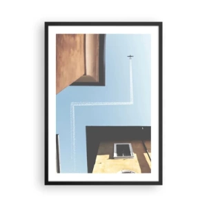Plakát v černém rámu - Perspektiva budov s letadlem a neobvyklou cestou na obloze - 50x70cm - Nad městským labyrintem - Moderní nástěnná dekorace do obývacího pokoje a ložnice ARTTOR