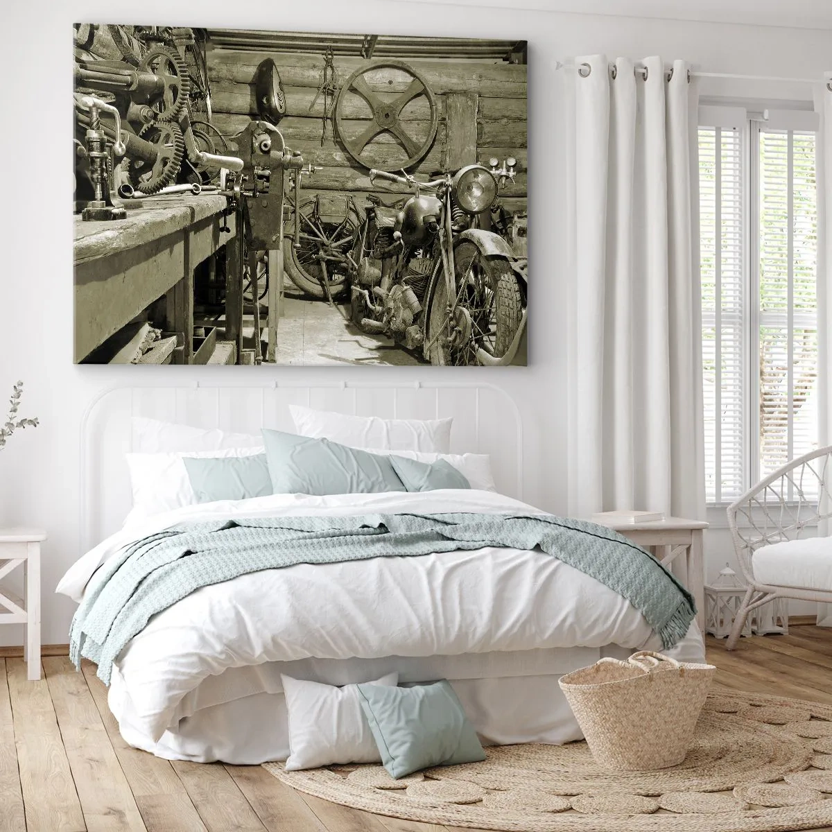 Obraz na plátně - Retro dílna s motocykly a nářadím - 70x50cm - V kůlně strýce Vládi - Moderní nástěnná dekorace do obývacího pokoje a ložnice ARTTOR