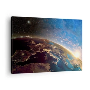 Obraz na plátně - Pohled na Zemi z vesmíru při východu slunce - 70x50cm - Podívejme se na sebe s odstupem - Moderní nástěnná dekorace do obývacího pokoje a ložnice ARTTOR