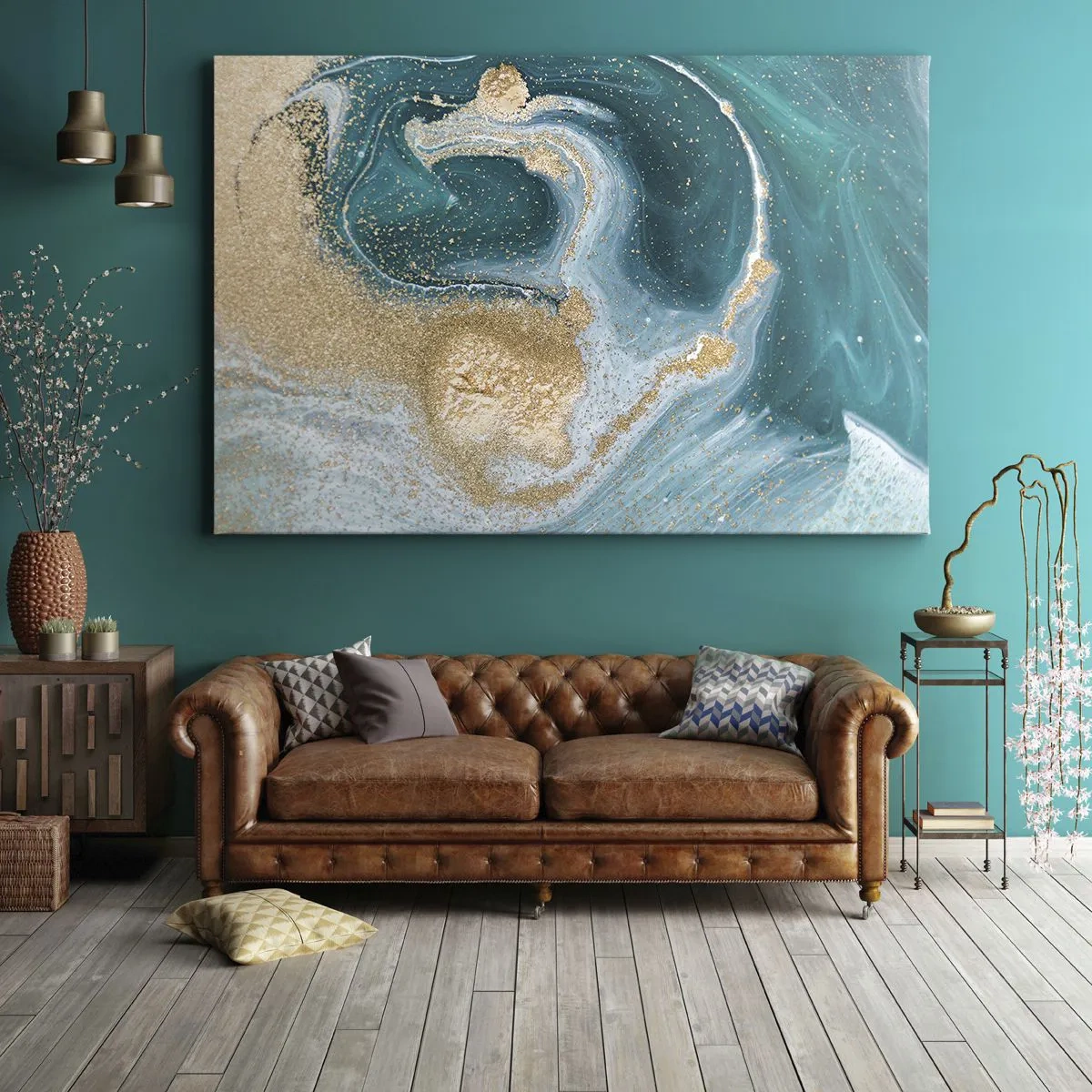 Obraz na plátně - Abstraktní vír v tyrkysových a zlatých tónech - 70x50cm - Vír zlaté a tyrkysové - Moderní nástěnná dekorace do obývacího pokoje a ložnice ARTTOR