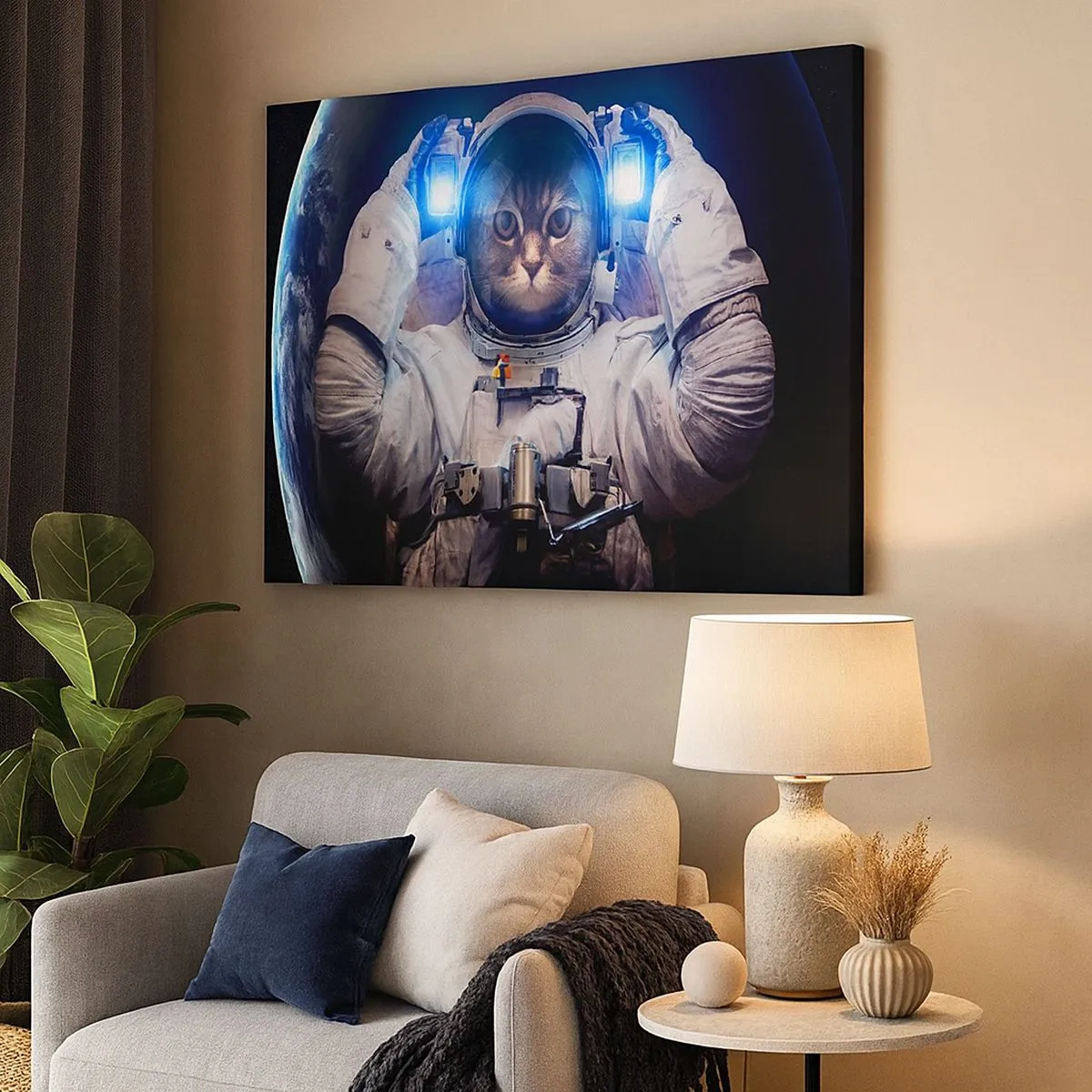 Obraz na plátně - Kočka v astronautském obleku se Zemí v pozadí a jasným světlem. - 70x50cm - Houston, máte problém - Moderní nástěnná dekorace do obývacího pokoje a ložnice ARTTOR