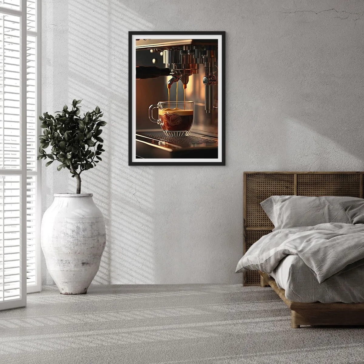 Plakát v černém rámu - Kávovar nalévá espresso do šálku - 50x70cm - Smyslná směs - Moderní nástěnná dekorace do obývacího pokoje a ložnice ARTTOR