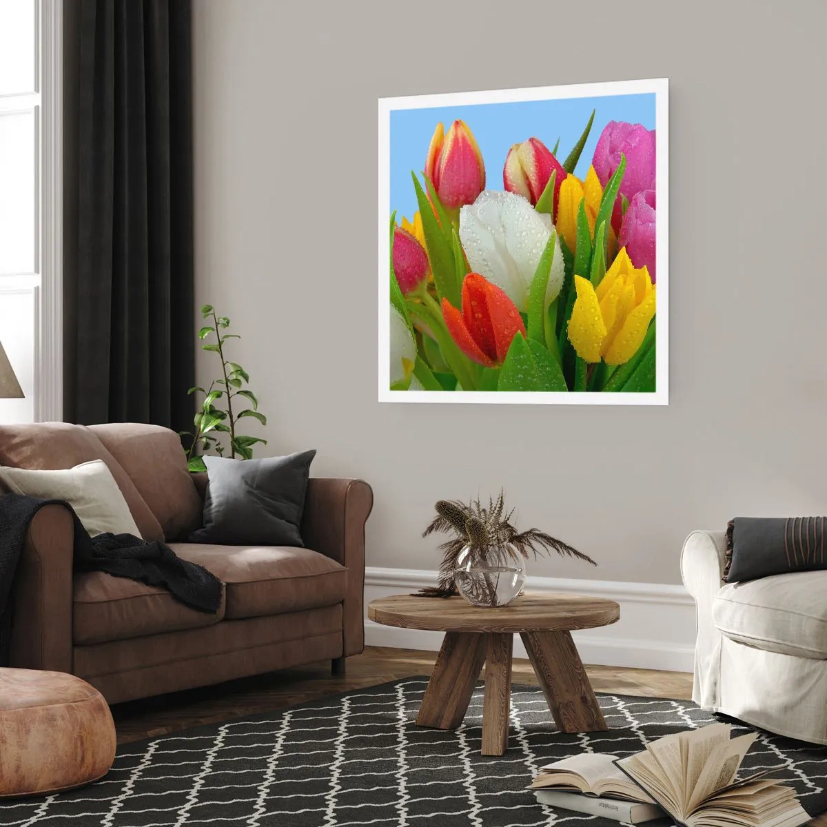 Plakát - Květinová duha v kapkách rosy - 60x60 cm