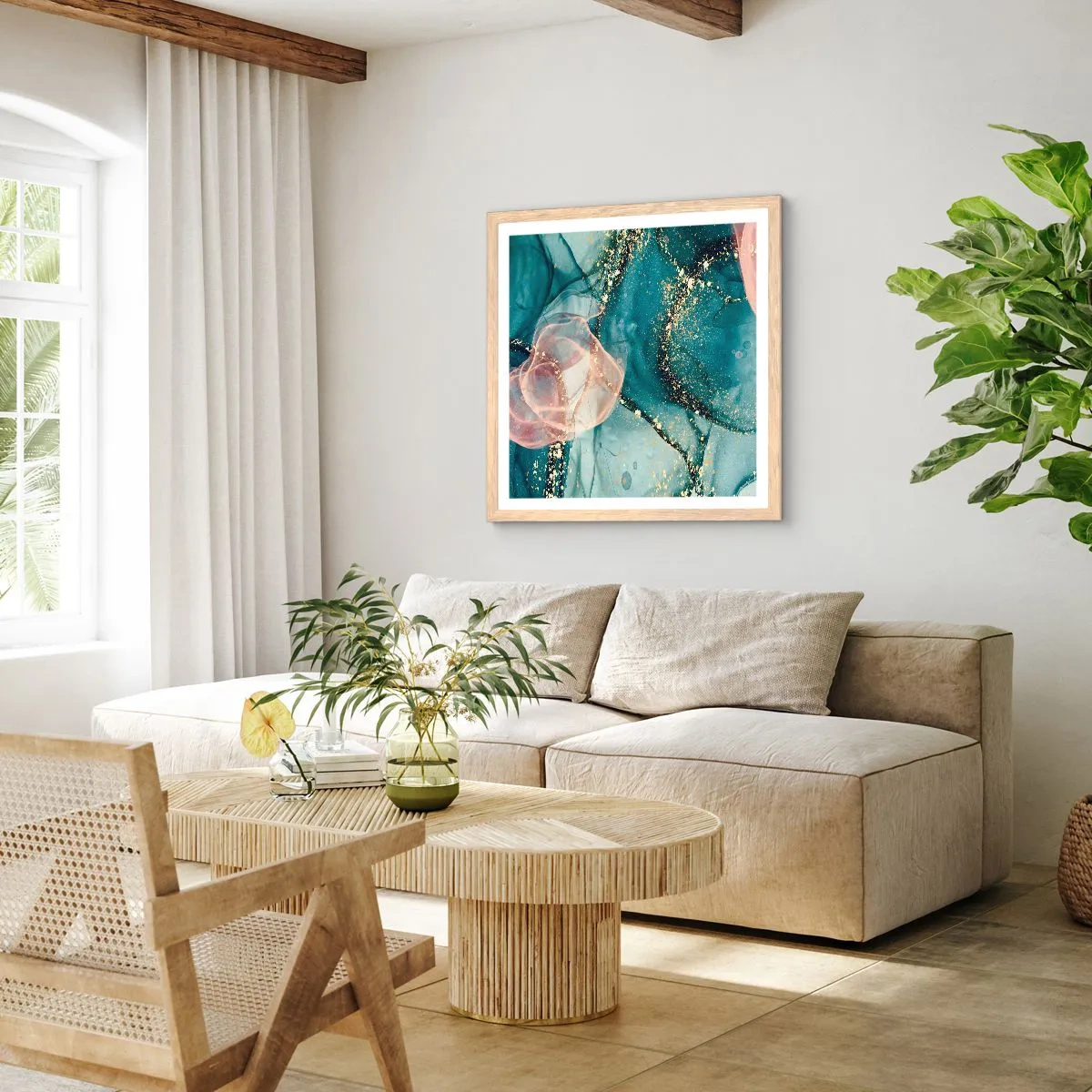 Plakát v rámu světlý dub - Modré hedvábí modré, růžový tyl - 60x60 cm