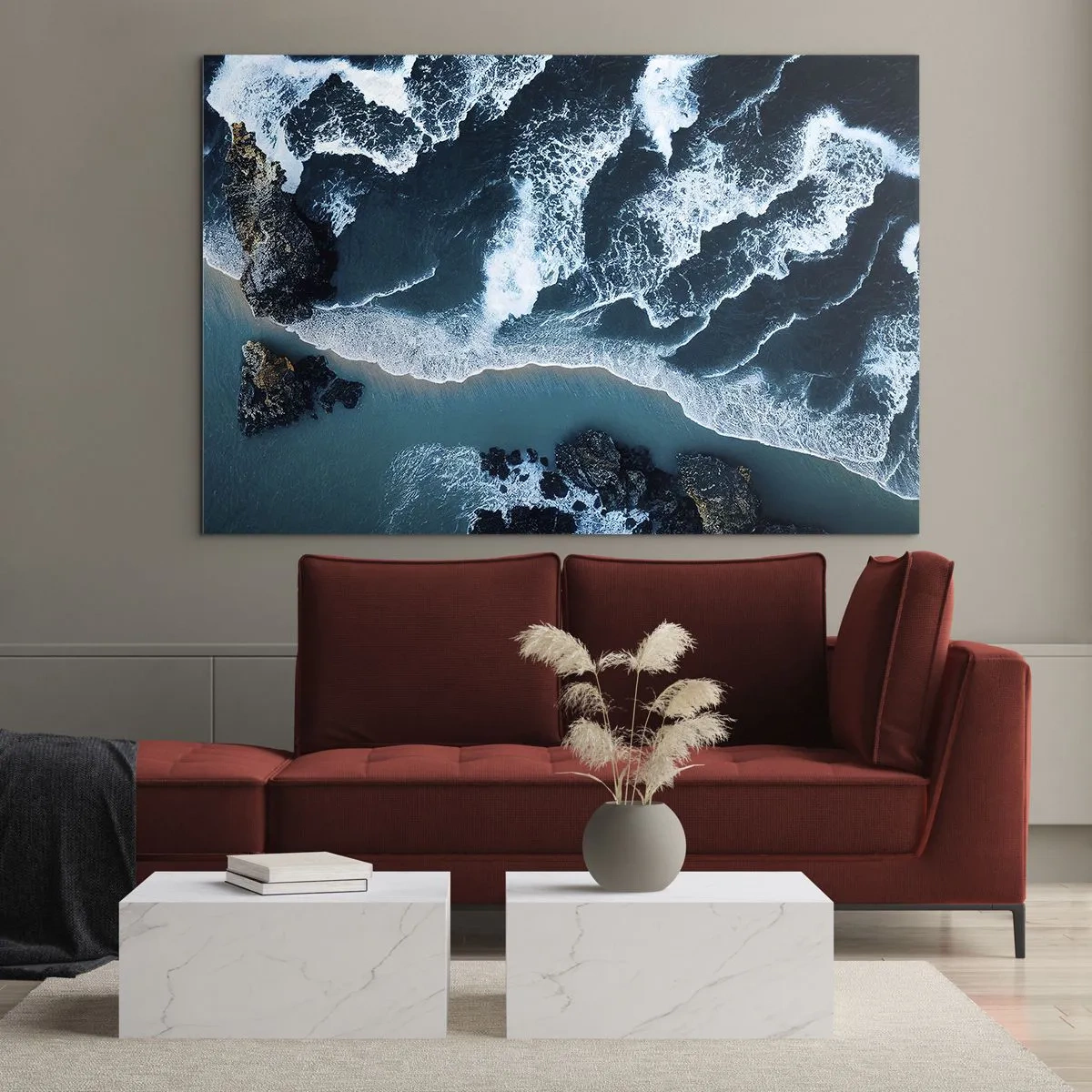Obraz na skle - Mořské vlny narážející na skalnaté pobřeží - 70x50cm - Zahalené do vln - Moderní nástěnná dekorace do obývacího pokoje a ložnice ARTTOR