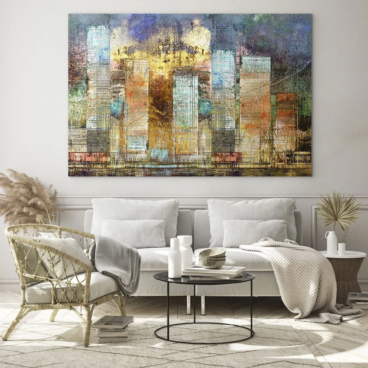 Obraz na skle - Barevné abstraktní panorama městských mrakodrapů v uměleckém stylu - 70x50cm - Prosluněná metropole - Moderní nástěnná dekorace do obývacího pokoje a ložnice ARTTOR