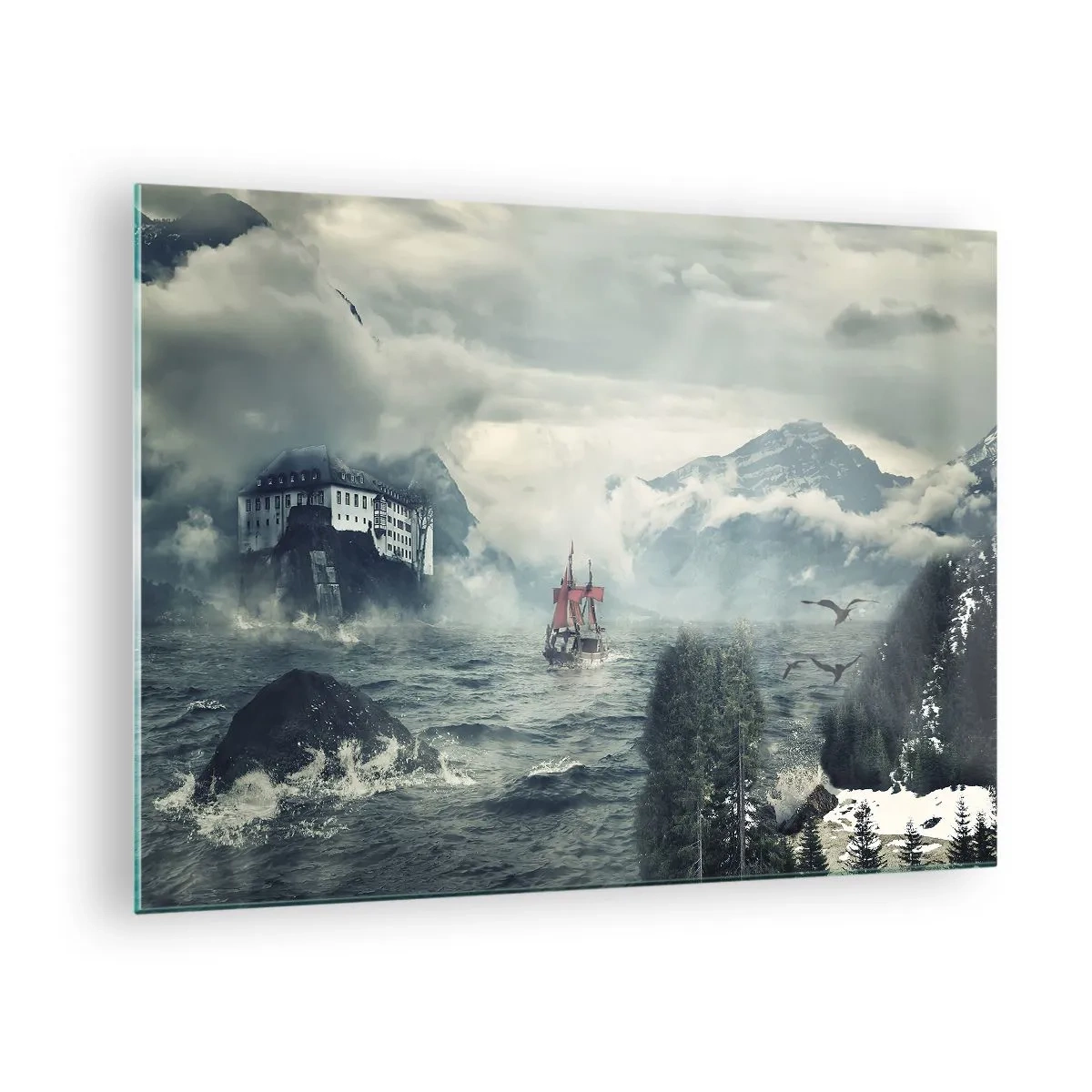 Obraz na skle - Loď na rozbouřeném moři s hradem v pozadí - 70x50cm - V kouzelných vodách - Moderní nástěnná dekorace do obývacího pokoje a ložnice ARTTOR