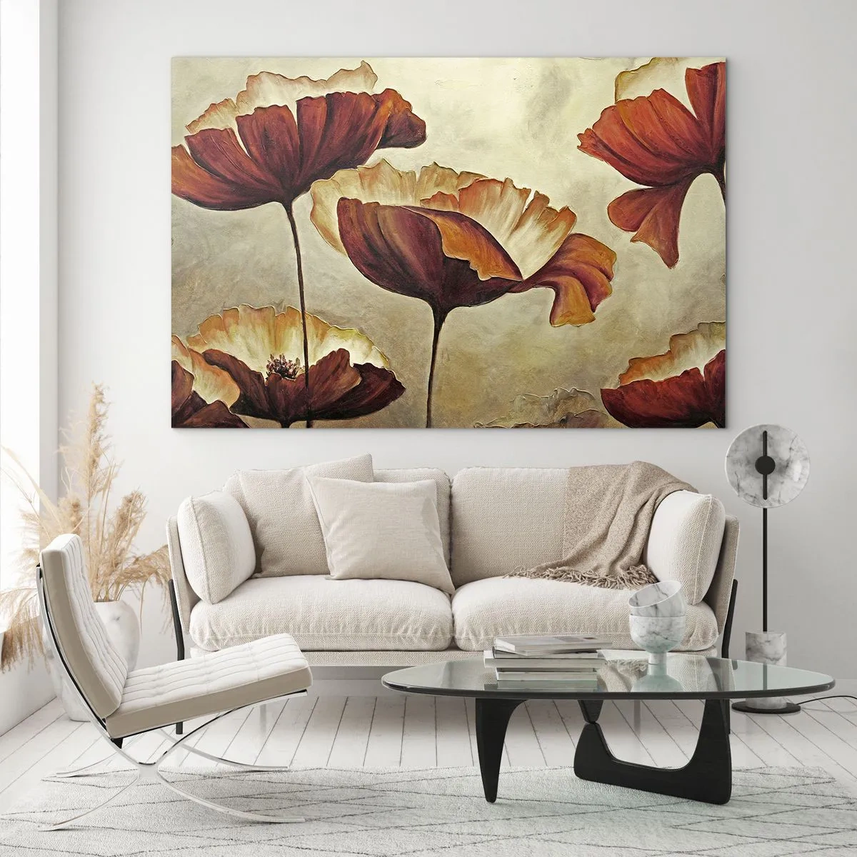 Obraz na skle - Květy máku v odstínech červené a zlaté na světlém pozadí - 70x50cm - Lán louky - Moderní nástěnná dekorace do obývacího pokoje a ložnice ARTTOR
