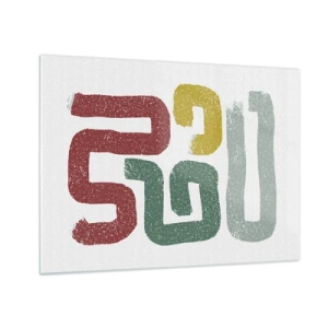 Obraz na skle - Barevné abstraktní znaky na bílém pozadí - 70x50cm - V neznámém jazyce - Moderní nástěnná dekorace do obývacího pokoje a ložnice ARTTOR