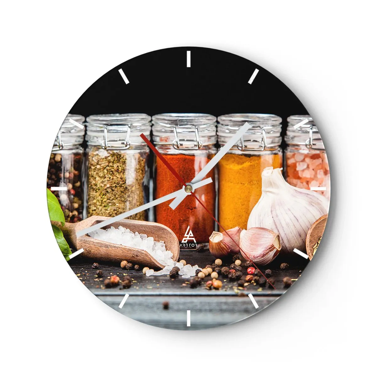 Nástěnné hodiny - Barevné koření ve sklenicích a kuchyňské doplňky - 30x30cm - Aby měl život chuť - Moderní nástěnná dekorace do obývacího pokoje, kuchyně a ložnice ARTTOR