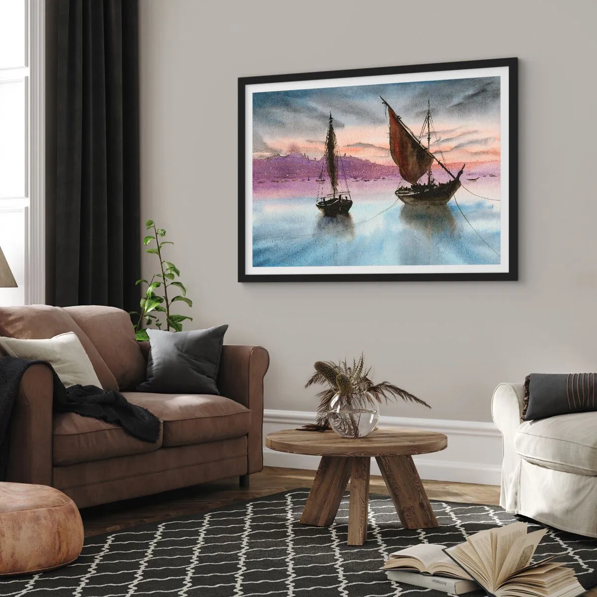 Plakát v černém rámu - Večer v přístavu - 70x50 cm