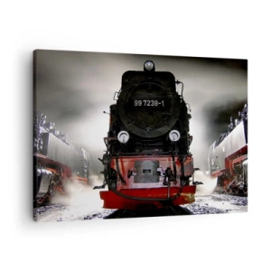 Obraz na plátně - Parní lokomotiva obklopená párou proti tmavé obloze v atmosférickém prostředí - 70x50cm - Stojí a sápe, funí a fouká - Moderní nástěnná dekorace do obývacího pokoje a ložnice ARTTOR