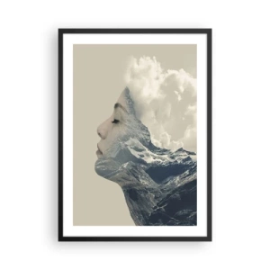 Plakát v černém rámu - Ženský profil splývající s horskou krajinou - 50x70cm - Krása živlů - Moderní nástěnná dekorace do obývacího pokoje a ložnice ARTTOR