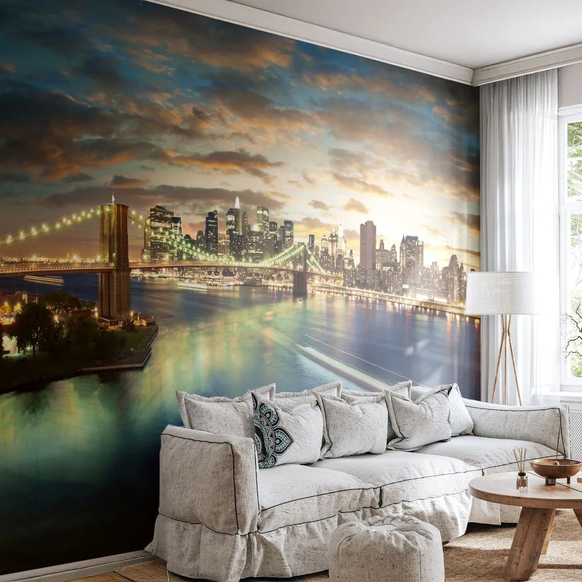 Fototapeta Samolepicí Deluxe Sticker - Zářivý večer nad Manhattanem - Město, Most, New York - 250x175 cm