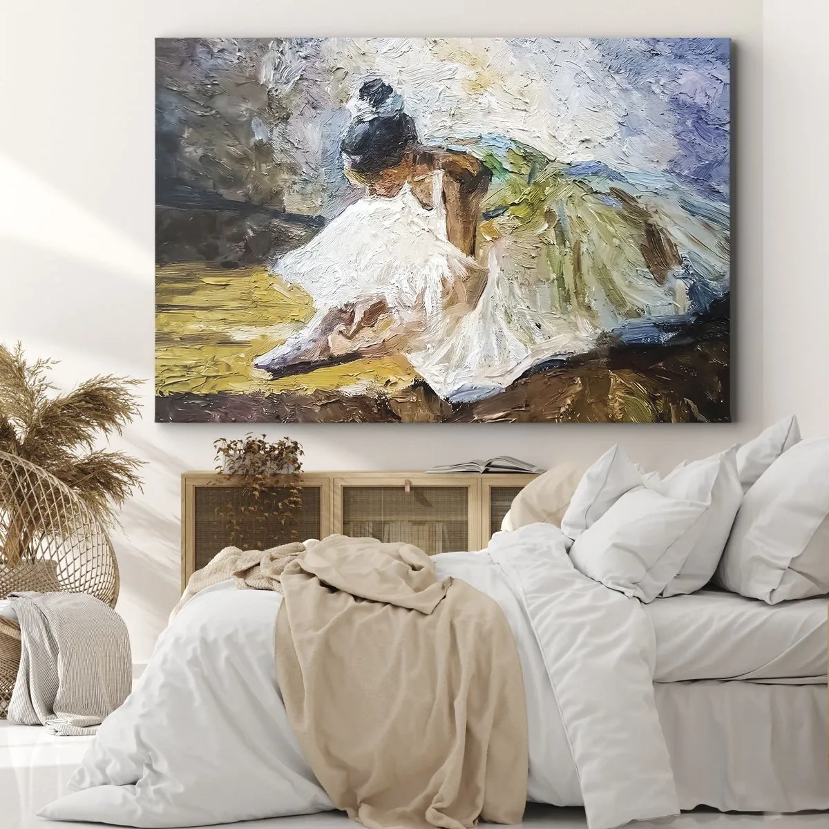 Obraz na plátně - Baletka v bílých šatech v malířském stylu na impresionistickém pozadí. - 70x50cm - Z Degasova obrazu - Moderní nástěnná dekorace do obývacího pokoje a ložnice ARTTOR