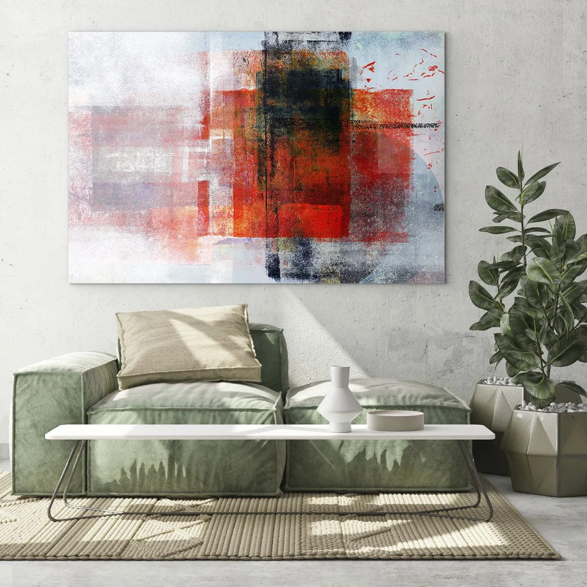 Obraz na skle - Geometrická abstrakce v intenzivních odstínech červené a černé. - 70x50cm - Zářící kompozice - Moderní nástěnná dekorace do obývacího pokoje a ložnice ARTTOR