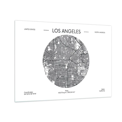 Obraz na skle - Minimalistická černobílá mapa Los Angeles. - 70x50cm - Anatomie Los Angeles - Moderní nástěnná dekorace do obývacího pokoje a ložnice ARTTOR