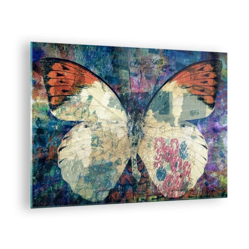 Obraz na skle - Barevný motýl na abstraktním pozadí v odstínech modré a oranžové. - 70x50cm - Jemná křehkost - Moderní nástěnná dekorace do obývacího pokoje a ložnice ARTTOR