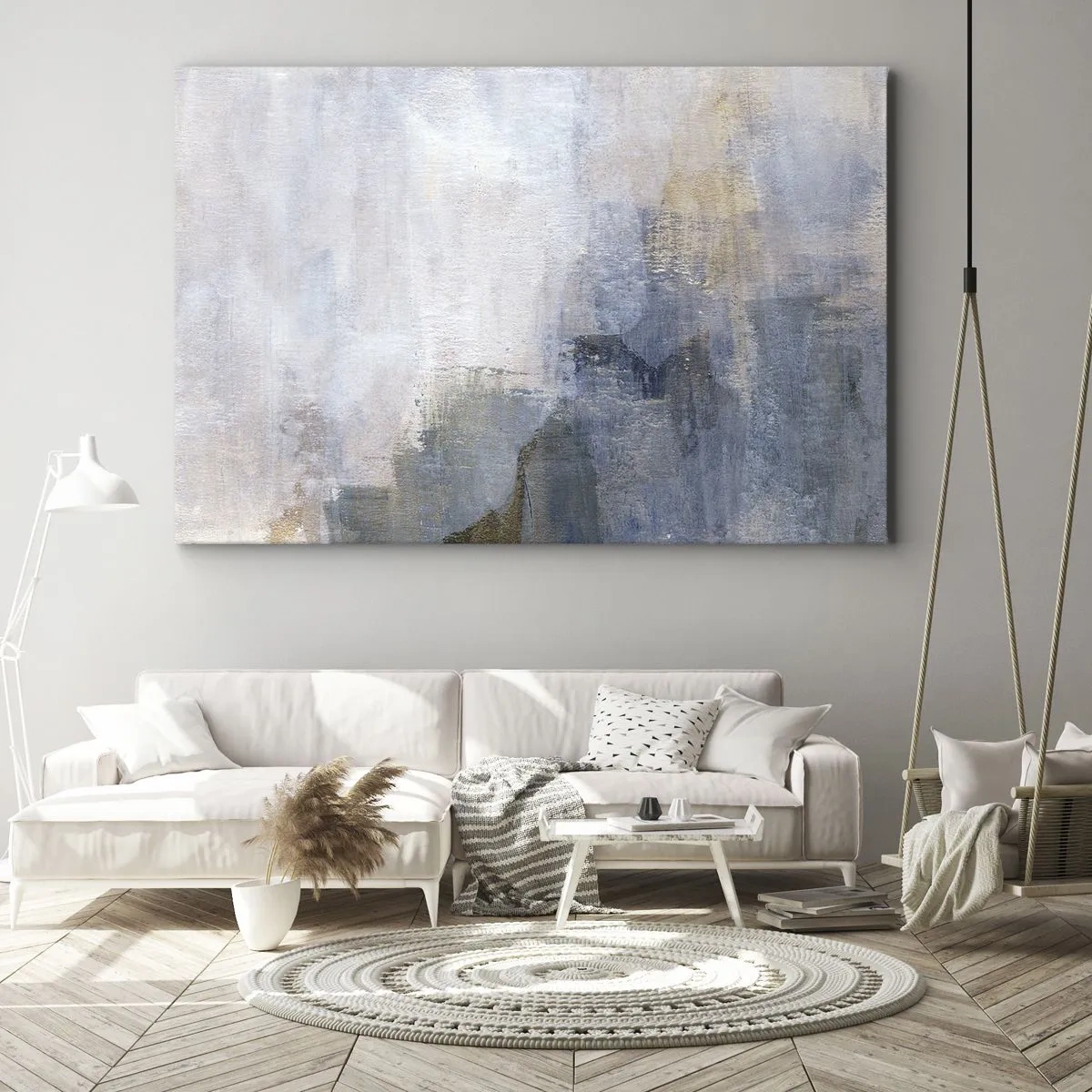 Obraz na plátně - Jemné abstraktní skvrny v odstínech modré a béžové - 70x50cm - Tóny a akordy barev - Moderní nástěnná dekorace do obývacího pokoje a ložnice ARTTOR