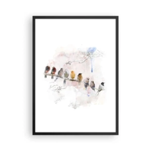 Plakát v černém rámu - Ptáci sedící na větvi ve stylu akvarelu - 50x70cm - Okřídlené setkání - Moderní nástěnná dekorace do obývacího pokoje a ložnice ARTTOR
