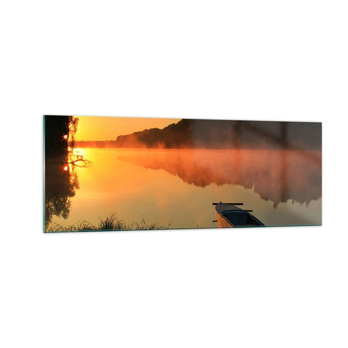 Obraz na skle - Východ slunce u vody jako povrch zrcadla - 140x50 cm