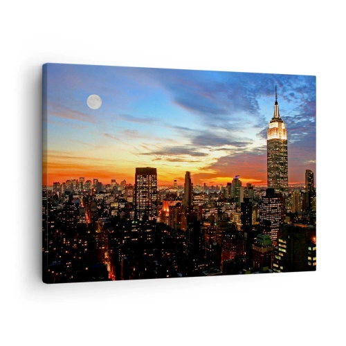 Obraz na plátně - Panorama města s osvětlenými mrakodrapy za soumraku - 70x50cm - Zářivá americká noc - Moderní nástěnná dekorace do obývacího pokoje a ložnice ARTTOR